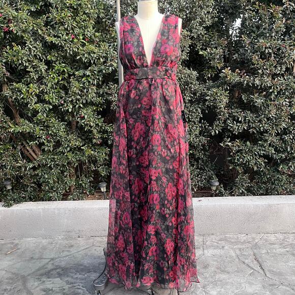NWT Lulus Garden Romance Magenta Floral Print Organza Maxi Dress Medium Formal